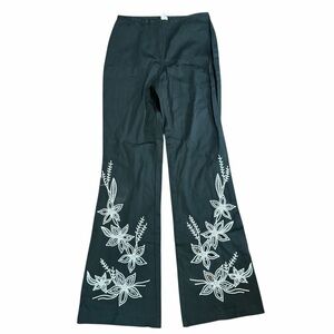 Cache Vintage Black Pants with White Floral Embroidery Wide Leg